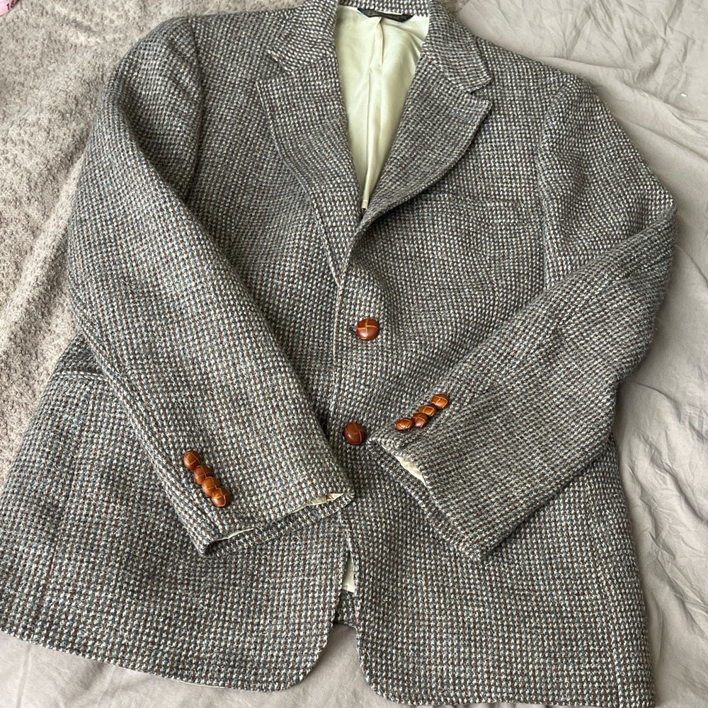 Vintage Harris Harmony Tweed Blazer -41S -Brown Houndstooth Wool Leather Buttons